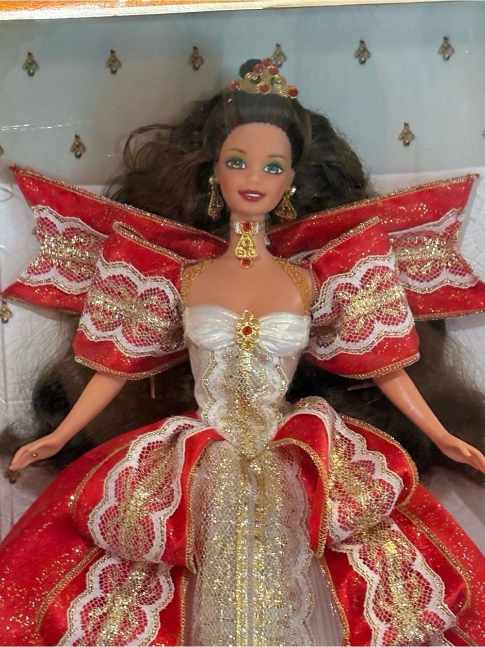 Barbie Doll Red Gold Christmas Holiday Princess Dress Crown